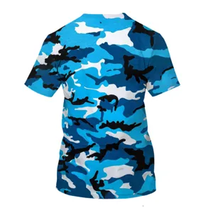 Close-up detail of mens blue camo short sleeve t-shirt fabric and print pattern design.