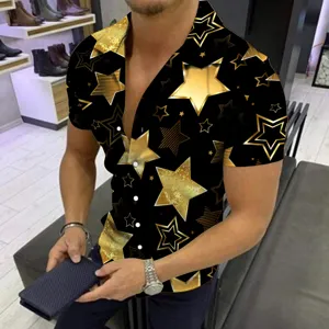 Men's short sleeve casual 3D star print shirt summer fashion black and gold tops