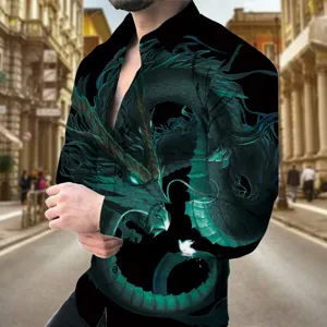 Men's 3D Dragon Print Long Sleeve Slim Fit Casual Turn-Down Collar Shirt Streetwear