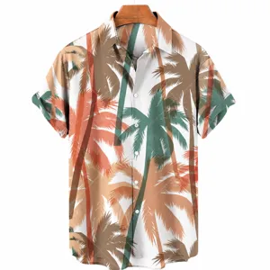 Men tropical palm tree print short sleeve Hawaiian shirt casual beach button down top