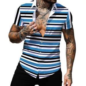 Chemise de loisirs à manches courtes rayée rétro pour hommes, col à revers, vue détaillée.