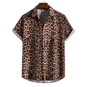 Camisa de Hombre con Impresión Digital de Leopardo Moda Manga Corta Cuello Solapa Poliéster Top Casual Vacaciones Verano