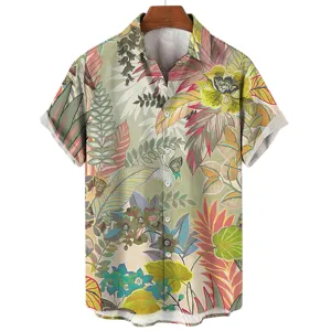 Tropical botanical print short sleeve shirt detail, vibrant floral and leaf pattern.