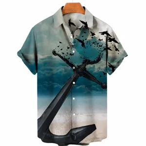 Men's summer casual short sleeve Hawaiian shirt with 3D anchor bird digital print.