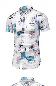 Sommer Herren Kurzarm Freizeithemd mit abstraktem blauem und rosa Blumenmuster Design.
