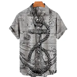 Men's vintage nautical map print short sleeve button-down casual Hawaiian summer shirt