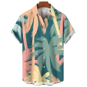 Men short sleeve Hawaiian shirt tropical palm tree print beach resort casual summer top