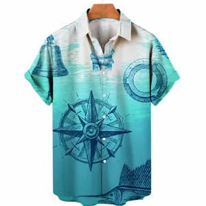 Men's Summer Casual Short Sleeve Shirt Vintage Nautical Map 3D Digital Print Lapel Single-Breasted Button Loose Top
