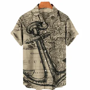 Men's vintage nautical map print short sleeve casual Hawaiian shirt with anchor pattern.