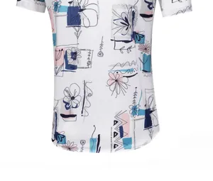 Herren Sommer Freizeit Kurzarm Hemd mit abstrakten kuenstlerischen Blumen Muster Oberteil