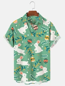 Men's green short sleeve Hawaiian shirt featuring cute Easter bunny and egg print casual top.
