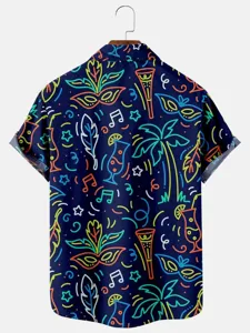 Men short sleeve neon carnival print Hawaiian shirt detail view for summer beach vacation wear.