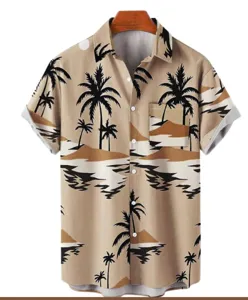 Men's casual tropical palm tree print Hawaiian short sleeve shirt for summer beach vacation.