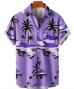 Men short sleeve Hawaiian shirt purple palm tree tropical beach button down summer top