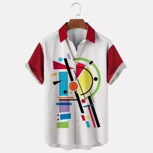 Camicia hawaiana uomo maniche corte con stampa geometrica, stile elegante per spiaggia estate.