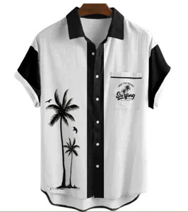 Men's casual short sleeve Hawaiian shirt detail featuring contrast black lapel and palm tree graphic print.