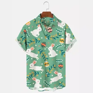 Men's casual short sleeve Hawaiian shirt with cute Easter bunny and colorful egg print.