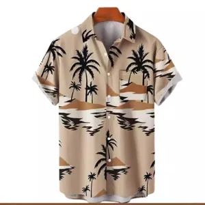 Men Casual Hawaiian Shirt Short Sleeve Tropical Palm Tree Print Breathable Polyester Button Down Beach Vacation Top