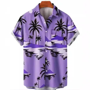 Men's stylish purple tropical palm tree print short sleeve Hawaiian beach resort shirt