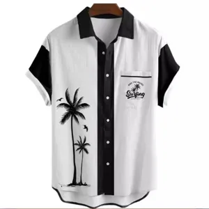 Men's casual black and white short sleeve Hawaiian shirt with palm tree print vacation beach top.