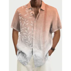Men's casual short sleeve shirt detail featuring gradient peach color and unique leaf print.
