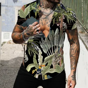 Chemise hawaïenne à manches courtes et imprimé jungle tropicale pour homme, été plage.
