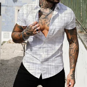 Detail view of men's short sleeve casual shirt with grey gradient pattern and button front.