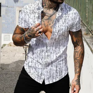 Detailed view of the men's short sleeve printed shirt with gradient abstract pattern design.