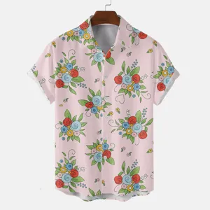 Pink short-sleeve casual lapel shirt featuring vibrant floral print detail and button closure.