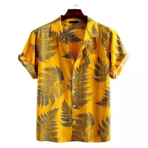 Mens summer short sleeve casual tropical fern leaf print hawaiian button down shirt