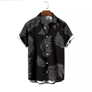 Men's casual summer short sleeve button down shirt with botanical fern print pattern