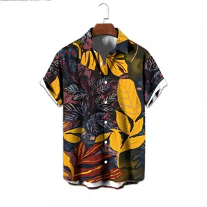 Men's short-sleeve button-up shirt featuring a vibrant yellow botanical leaf print design.