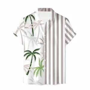 Camicia da spiaggia hawaiana a maniche corte casual da uomo con stampa di palme tropicali.