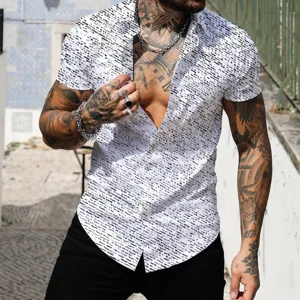 Men's short sleeve printed shirt detail view, featuring a stylish abstract pattern design.