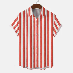 Red and white vertical striped short sleeve casual shirt detail view for men and summer wear.