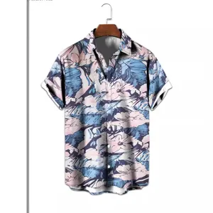 Men's summer casual short sleeve shirt featuring blue and pink floral digital print.