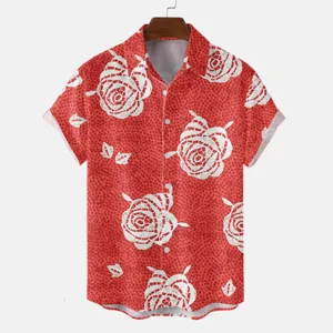 Summer red short sleeve casual lapel shirt with white floral print for men and women couple