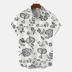 Casual short sleeve lapel shirt with black hand drawn floral print on white fabric.