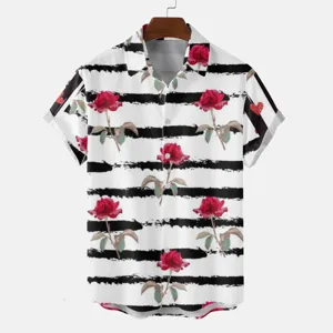 Men short sleeve casual lapel shirt with rose and stripe print stylish summer streetwear top