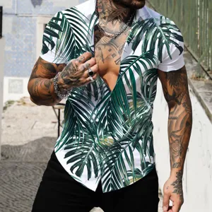 Chemise à manches courtes imprimé feuilles tropicales homme haut casual plage hawaïen
