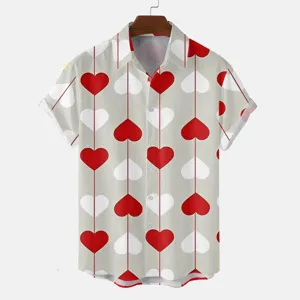 Men's casual short sleeve lapel shirt with cute red and white heart print pattern.