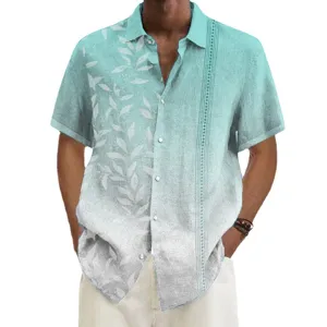 Men's stylish gradient leaf print short sleeve casual shirt, trendy summer beach top.