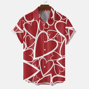 Red heart print short sleeve turn-down collar casual button-down shirt detail view