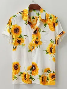Herren Sommer Freizeit Sonnenblumen Druck Kurzarm Hemd Hauptansicht mit lockerer Passform.