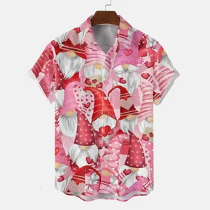 Valentine gnome print short sleeve casual shirt, pink button down summer top.