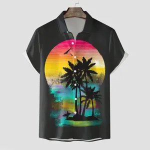 Herren Kurzarm Hawaiihemd mit 3D Sonnenuntergang Palme Grafik, Sommer Freizeit Strand Top.