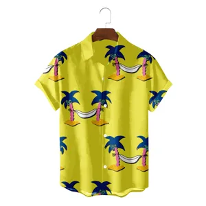 Men's Hawaiian short sleeve shirt yellow tropical palm tree print summer casual top