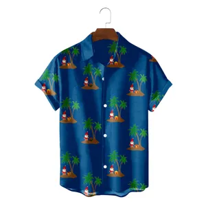 Men's summer casual short sleeve Hawaiian shirt with 3D tropical palm tree and Santa Claus print.