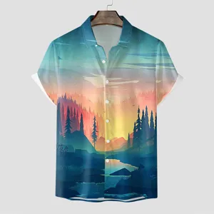 Herren Kurzarm Hawaiihemd mit landschaftlichem Naturwald Print für die Sommermode.