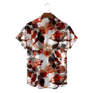 Men casual hawaiian short sleeve shirt with red botanical floral print loose fit summer top